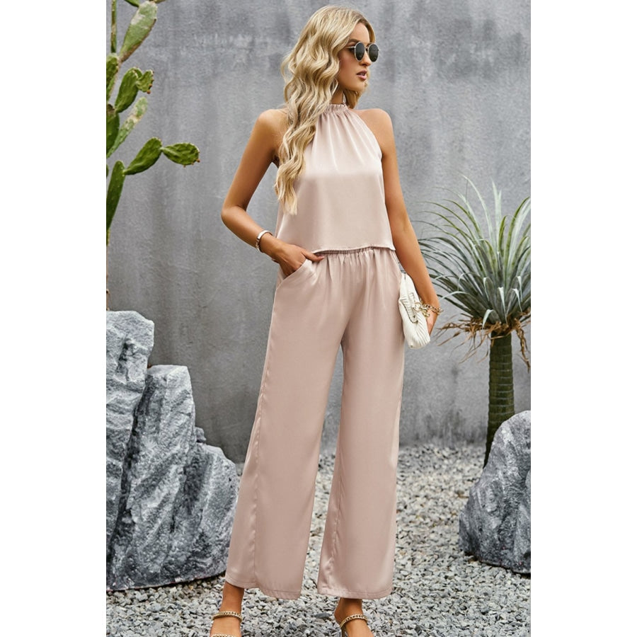 Sandee Rain Boutique - Grecian Neck Sleeveless Pocketed Top and Pants Set  Trendsi - Sandee Rain Boutique