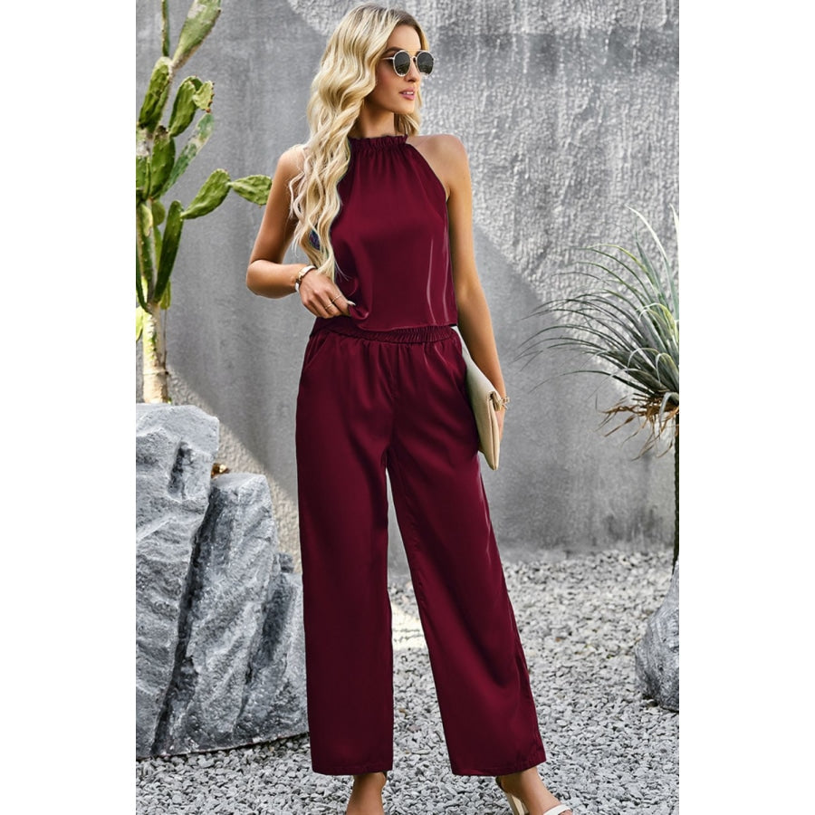 Grecian Neck Sleeveless Pocketed Top and Pants Set