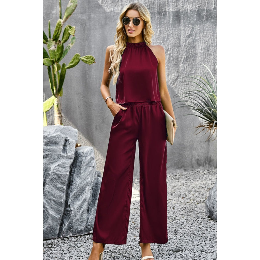 Grecian Neck Sleeveless Pocketed Top and Pants Set