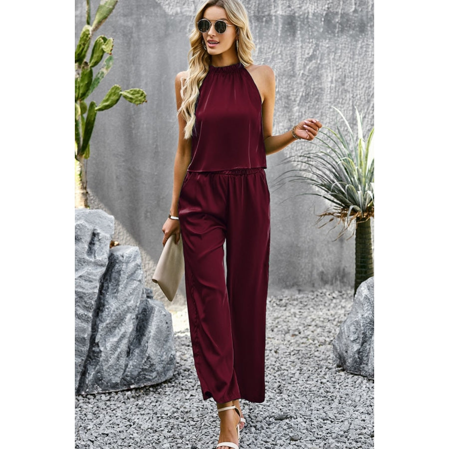 Grecian Neck Sleeveless Pocketed Top and Pants Set Wine / S