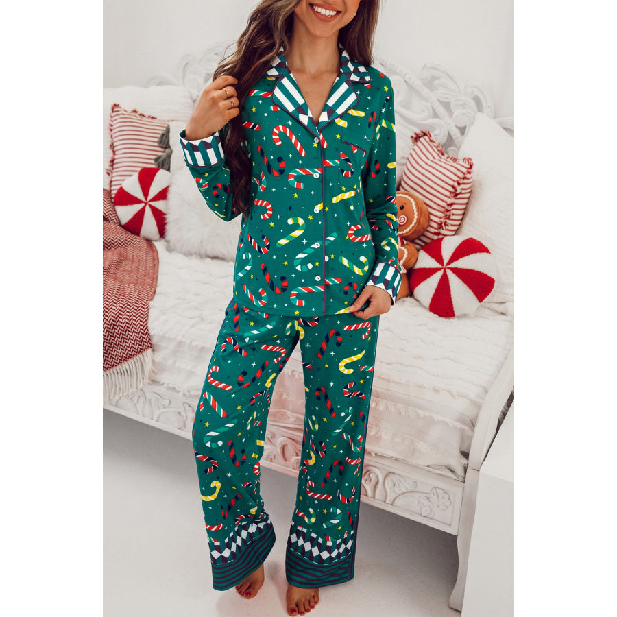 Green Abstract Candy Cane Print Long Sleeve Two Piece Lounge Set Loungewear & Sleepwear/Loungewear