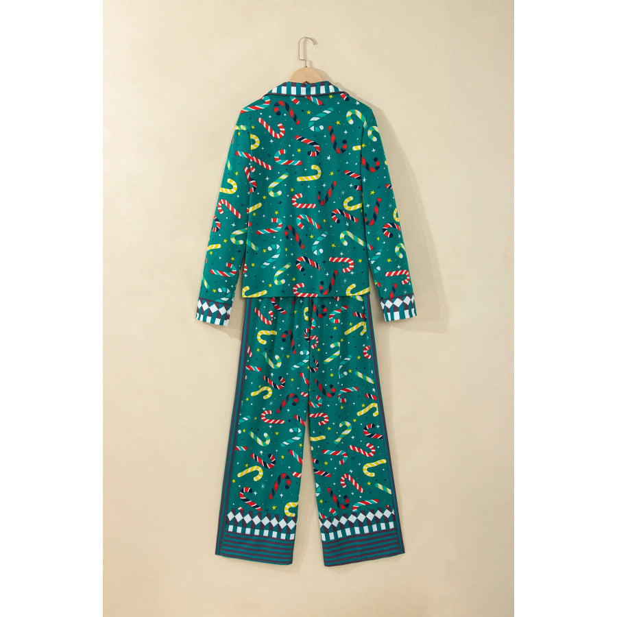 Green Abstract Candy Cane Print Long Sleeve Two Piece Lounge Set Loungewear & Sleepwear/Loungewear