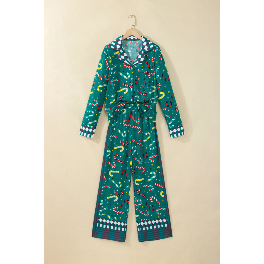 Green Abstract Candy Cane Print Long Sleeve Two Piece Lounge Set Loungewear & Sleepwear/Loungewear