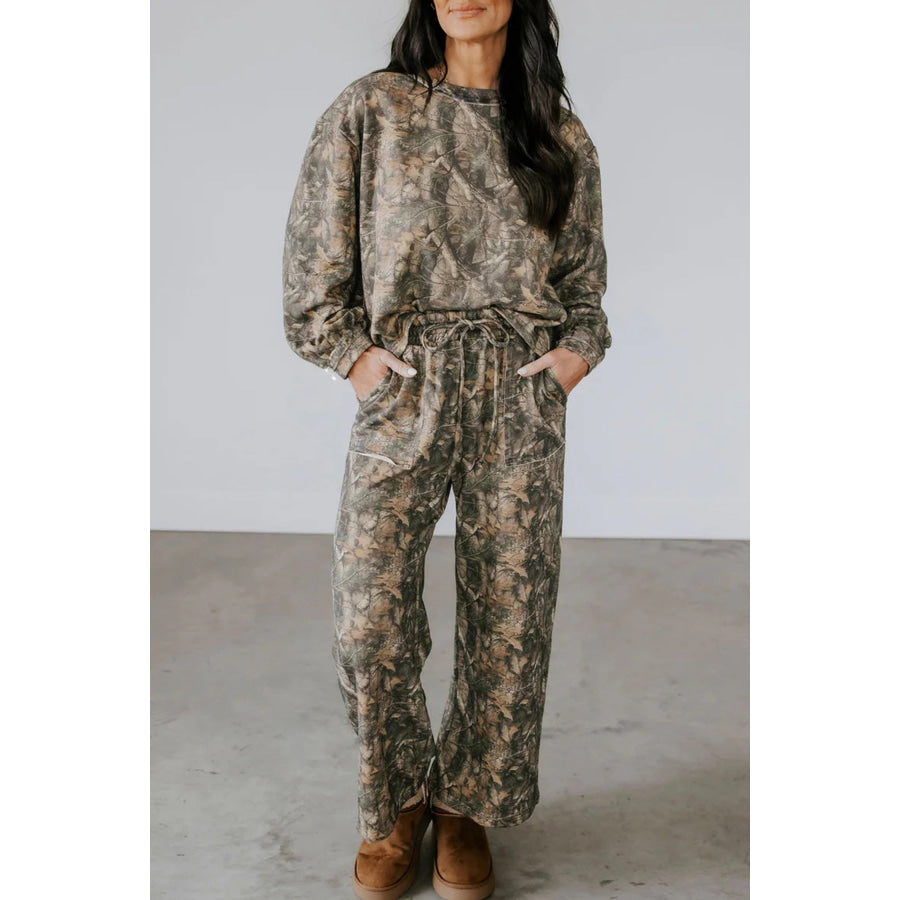 Green Abstract Print Long Sleeve Pant Set Green / S / 100% Polyester Two Piece Sets/Pant Sets