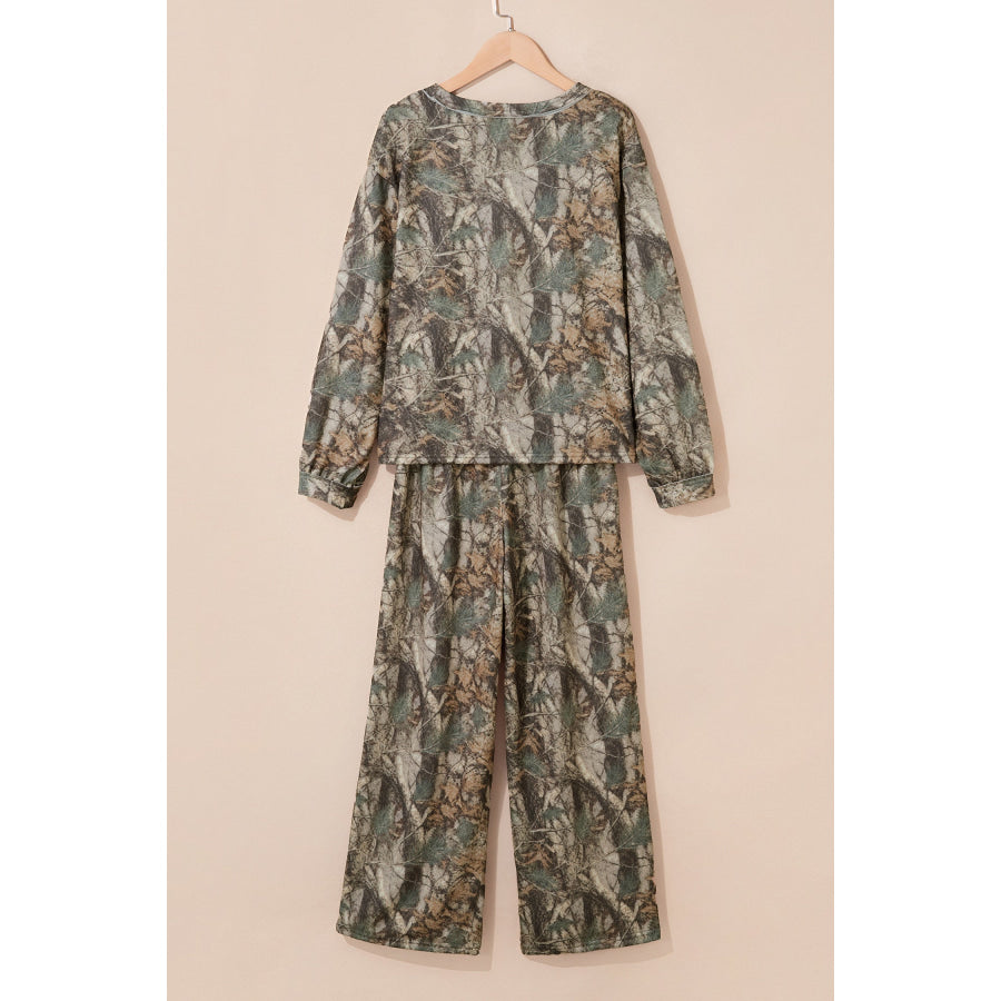 Green Abstract Print Long Sleeve Pant Set Two Piece Sets/Pant Sets
