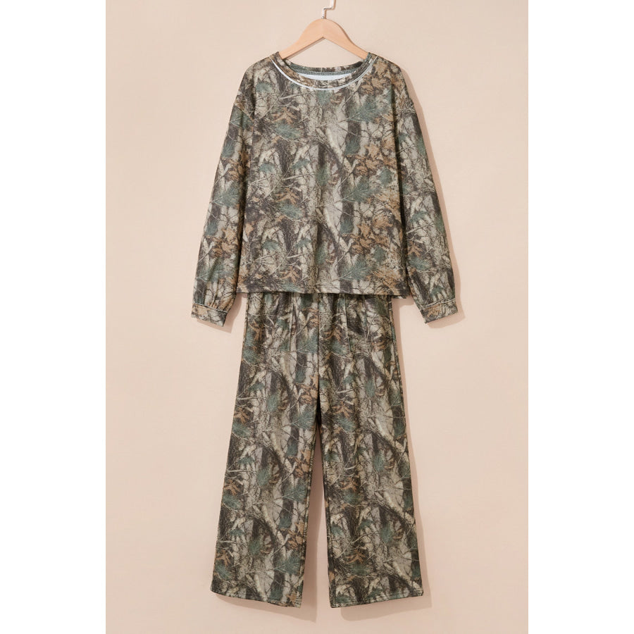 Green Abstract Print Long Sleeve Pant Set Two Piece Sets/Pant Sets