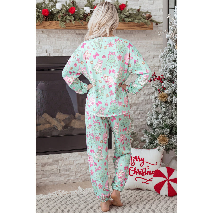 Green Abstract Print Long Sleeve Two Piece Lounge Set / S / 95% Polyester + 5% Elastane Loungewear & Sleepwear/Loungewear
