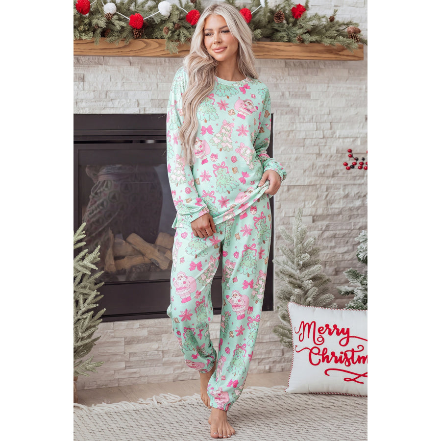 Green Abstract Print Long Sleeve Two Piece Lounge Set Loungewear & Sleepwear/Loungewear