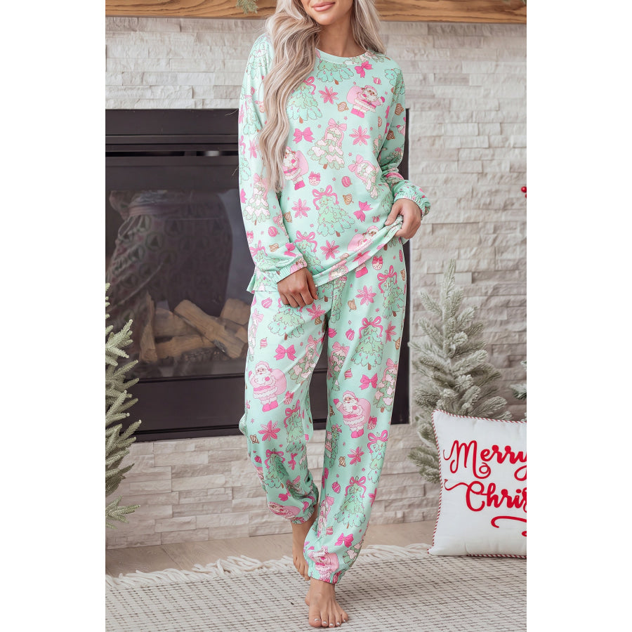 Green Abstract Print Long Sleeve Two Piece Lounge Set / S / 95% Polyester + 5% Elastane Loungewear & Sleepwear/Loungewear