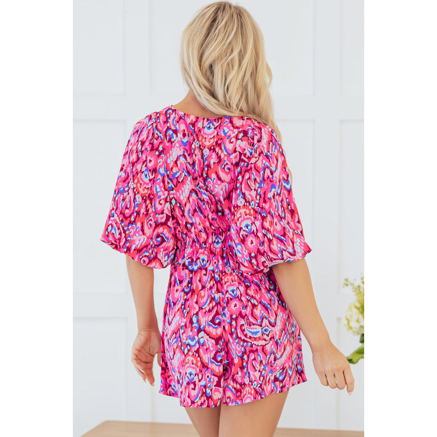 Green Abstract Print Puff Sleeve V Neck High Waist Romper Bottoms/Jumpsuits &amp; Rompers