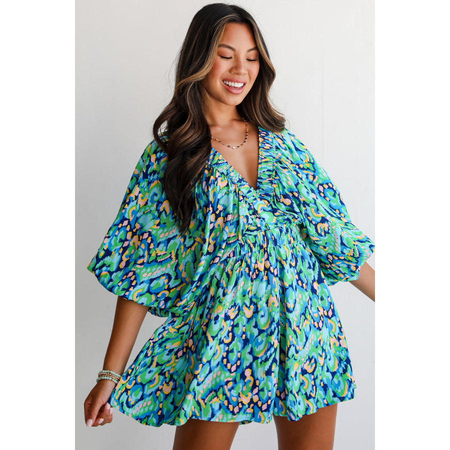 Green Abstract Print Puff Sleeve V Neck High Waist Romper Bottoms/Jumpsuits &amp; Rompers