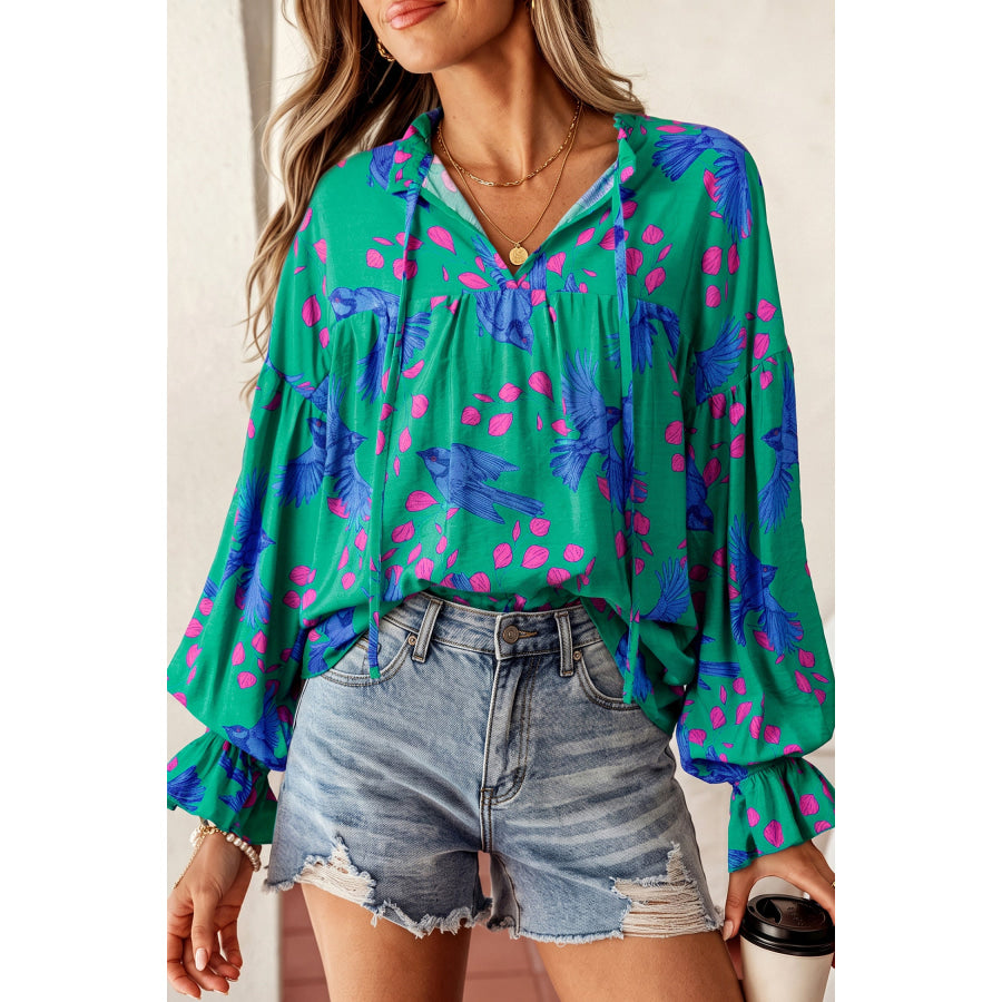 Green Abstract Print V Neck Flounced Puff Sleeve Blouse Green / S Tops/Blouses & Shirts