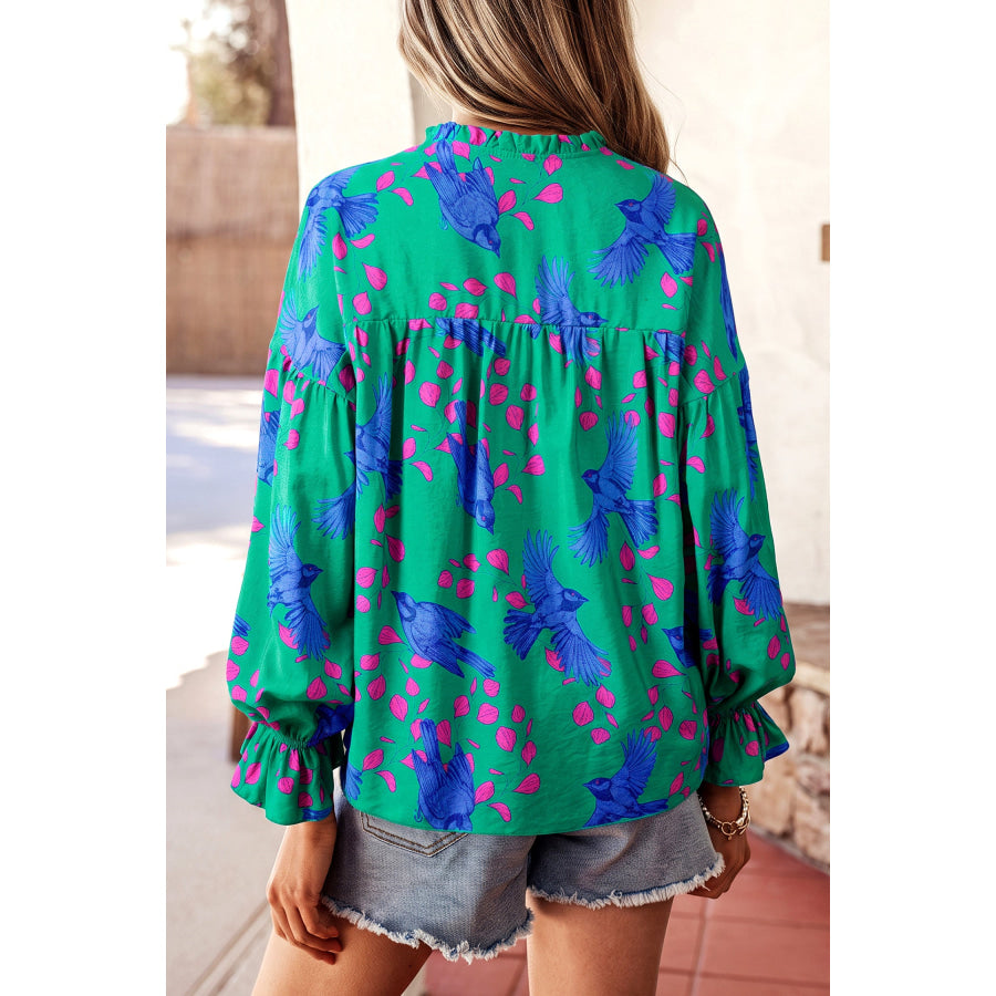 Green Abstract Print V Neck Flounced Puff Sleeve Blouse Tops/Blouses & Shirts