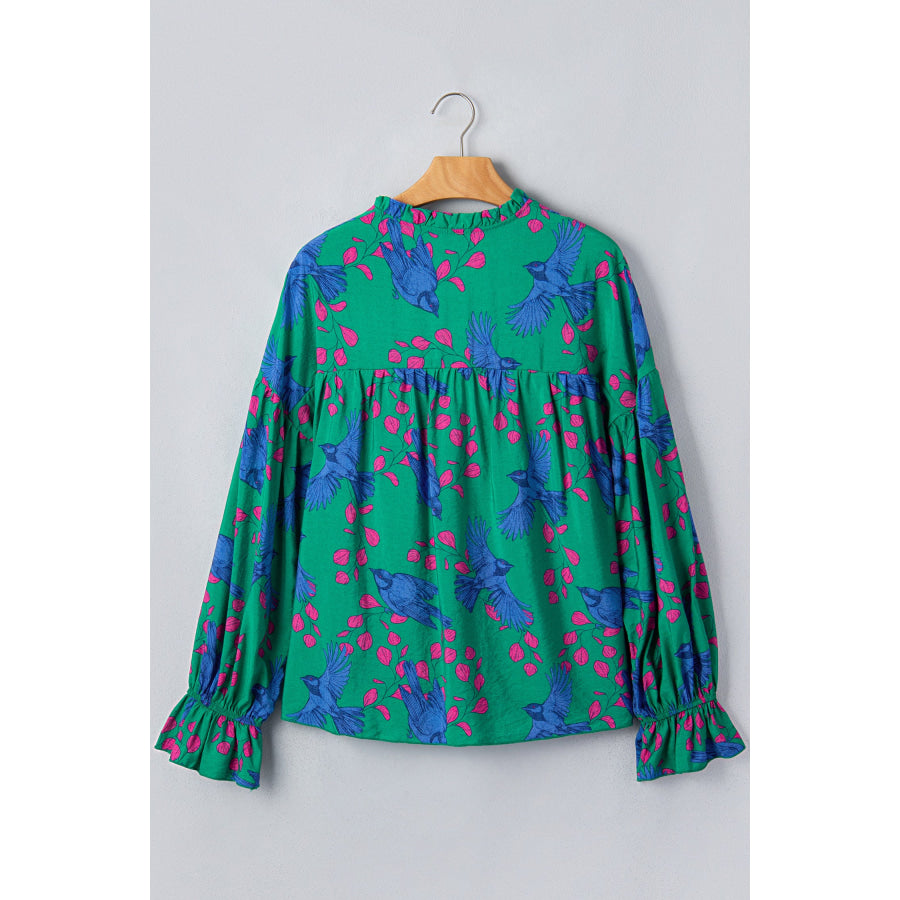 Green Abstract Print V Neck Flounced Puff Sleeve Blouse Tops/Blouses & Shirts