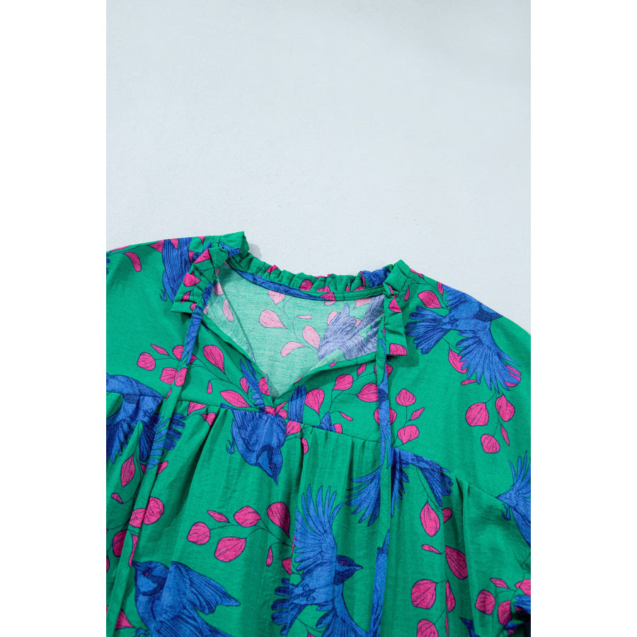 Green Abstract Print V Neck Flounced Puff Sleeve Blouse Tops/Blouses & Shirts