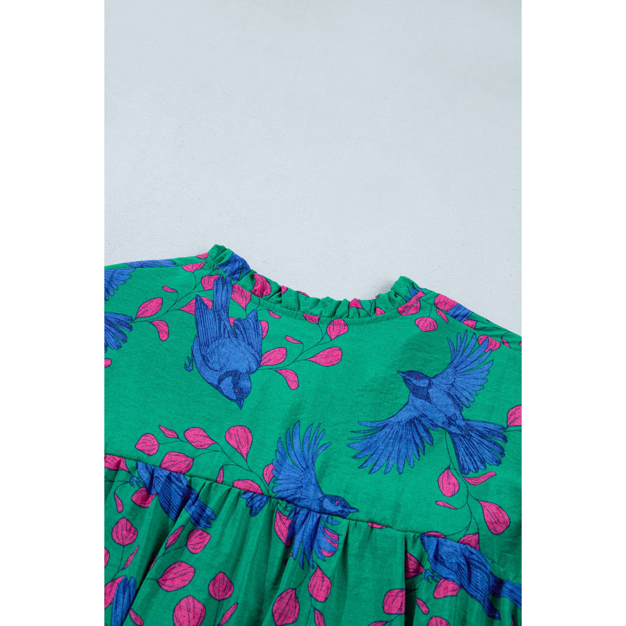 Green Abstract Print V Neck Flounced Puff Sleeve Blouse Tops/Blouses & Shirts