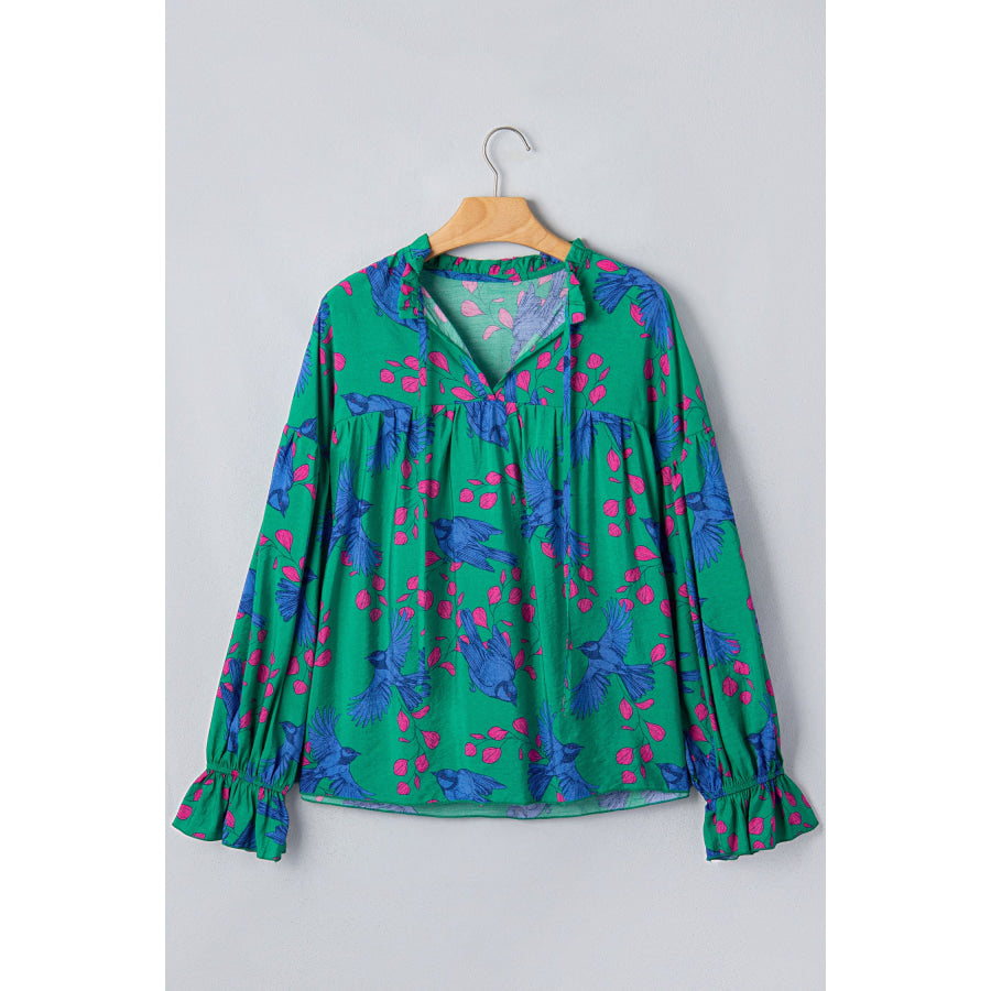 Green Abstract Print V Neck Flounced Puff Sleeve Blouse Tops/Blouses & Shirts