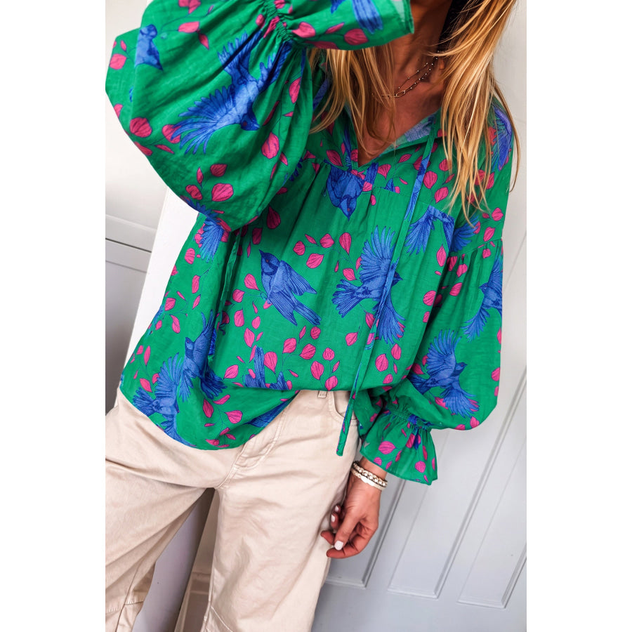 Green Abstract Print V Neck Flounced Puff Sleeve Blouse Tops/Blouses & Shirts