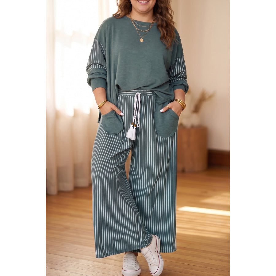 Green Bay Striped Patchwork Long Sleeve Casual Plus Size Two-piece Outfit / 1X / 65% Cotton + 30% Polyester + 5% Elastane Size/Plus
