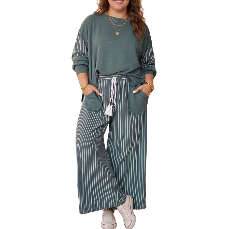Green Bay Striped Patchwork Long Sleeve Casual Plus Size Two-piece Outfit / 1X / 65% Cotton + 30% Polyester + 5% Elastane Size/Plus