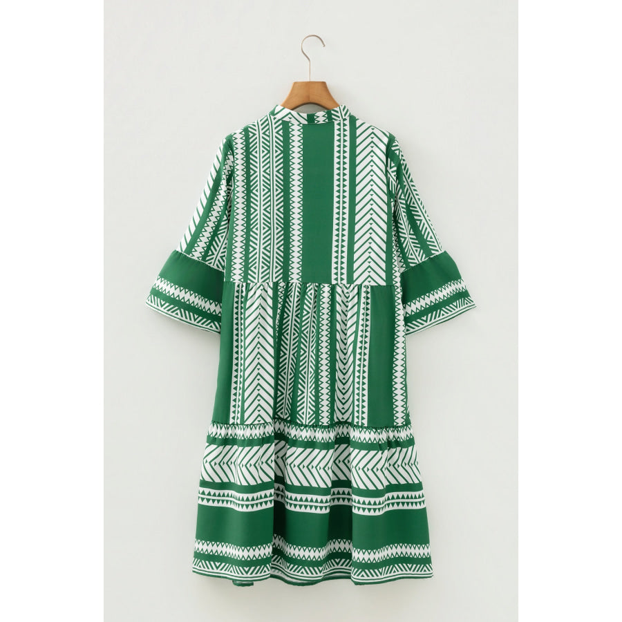 Green Boho Ethnic Print Half Button 3/4 Sleeve Casual Dress Dresses/Mini Dresses