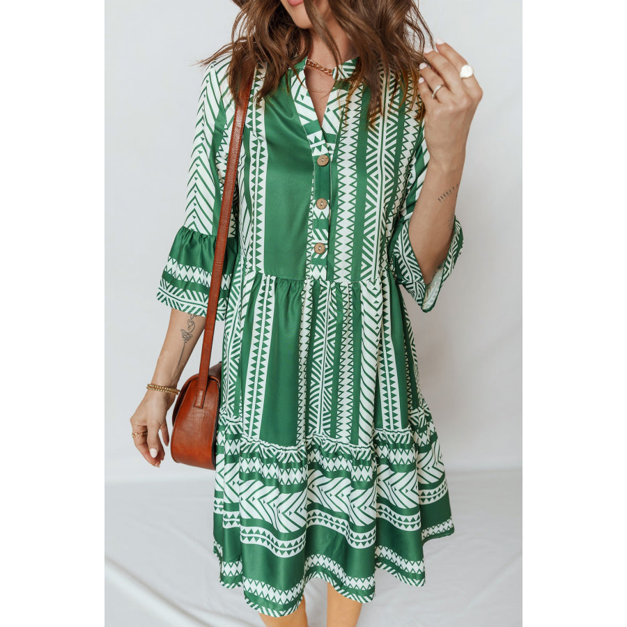 Green Boho Ethnic Print Half Button 3/4 Sleeve Casual Dress Dresses/Mini Dresses