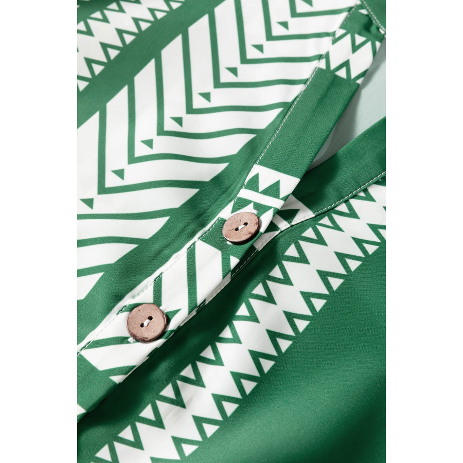 Green Boho Ethnic Print Half Button 3/4 Sleeve Casual Dress Dresses/Mini Dresses