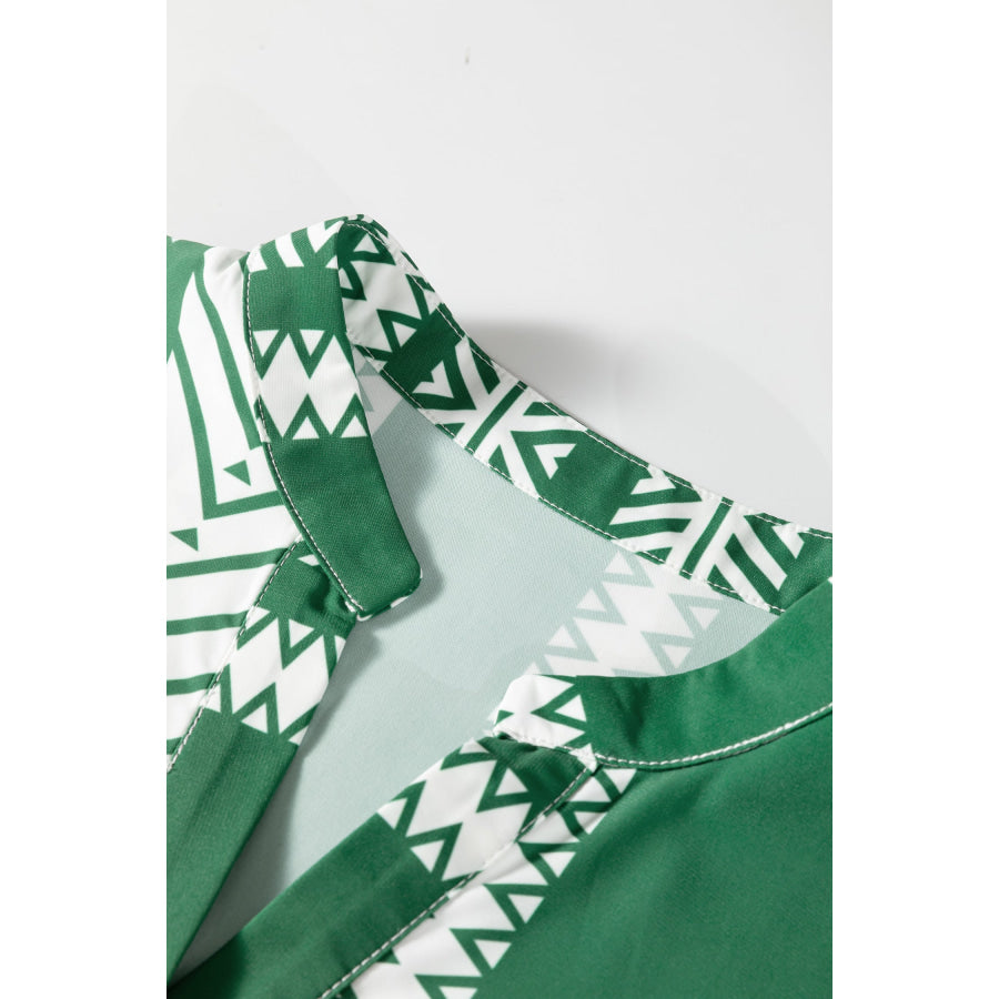 Green Boho Ethnic Print Half Button 3/4 Sleeve Casual Dress Dresses/Mini Dresses