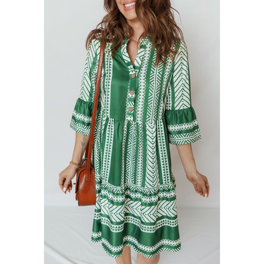 Green Boho Ethnic Print Half Button 3/4 Sleeve Casual Dress Dresses/Mini Dresses