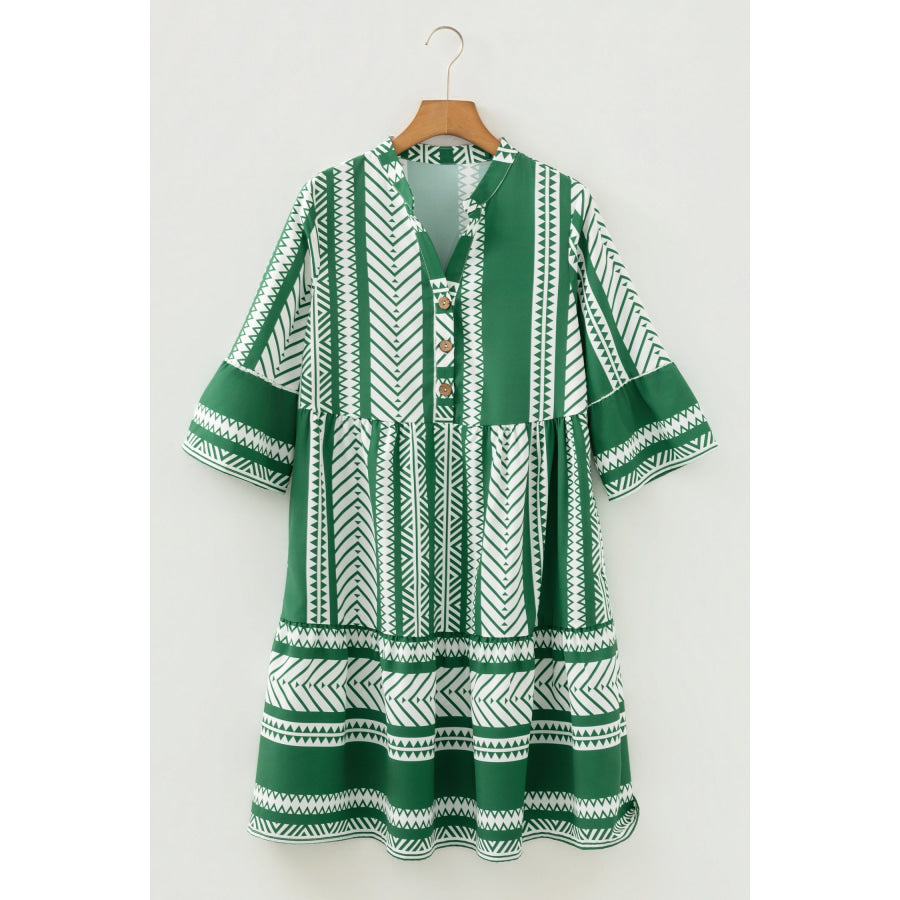Green Boho Ethnic Print Half Button 3/4 Sleeve Casual Dress Dresses/Mini Dresses