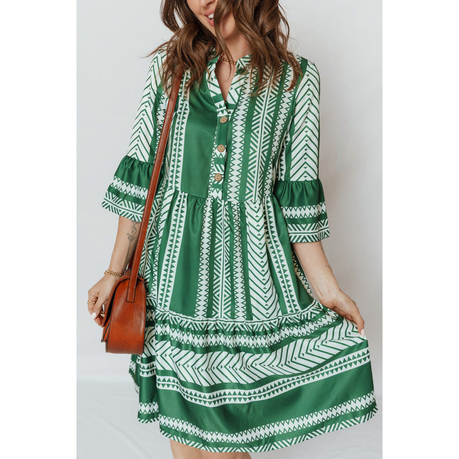 Green Boho Ethnic Print Half Button 3/4 Sleeve Casual Dress Green / S / 100% Polyester Dresses/Mini Dresses