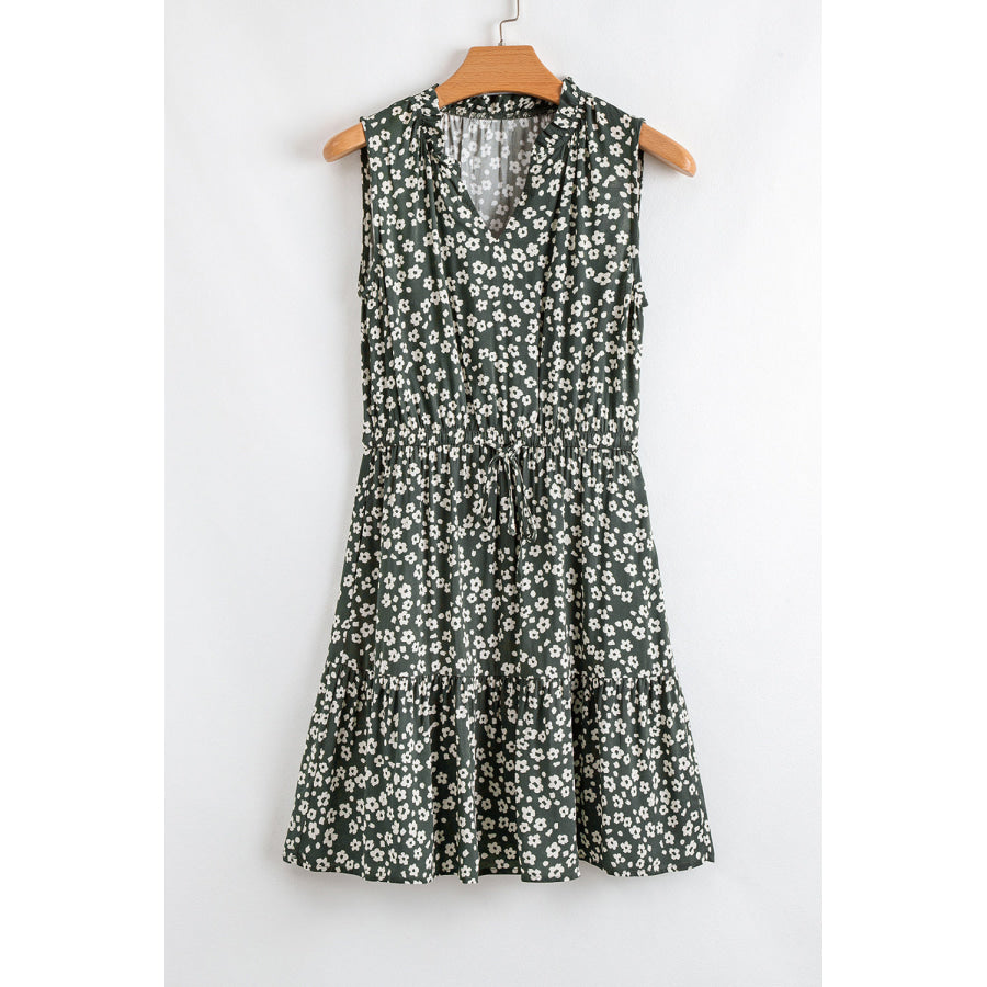 Green Boho Floral Print V Neck Tunic Sleeveless Dress Dresses/Floral Dresses