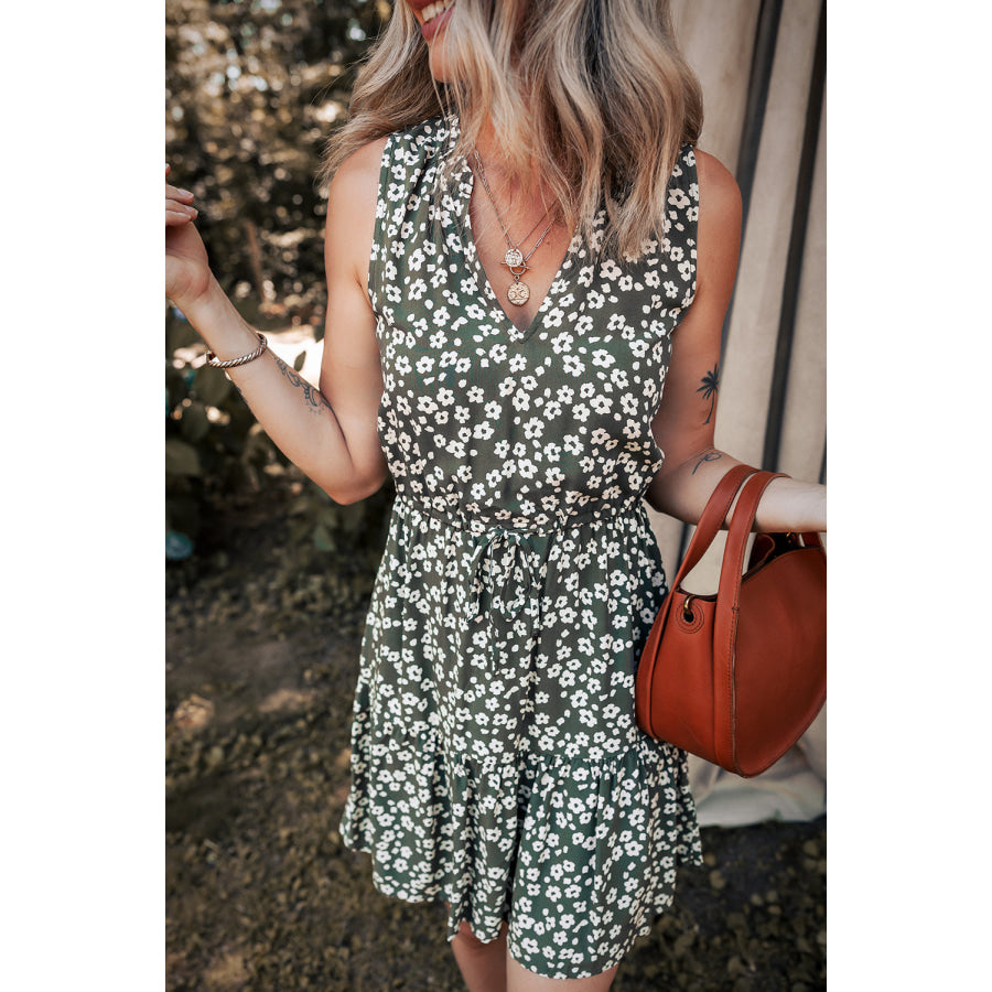 Green Boho Floral Print V Neck Tunic Sleeveless Dress Dresses/Floral Dresses