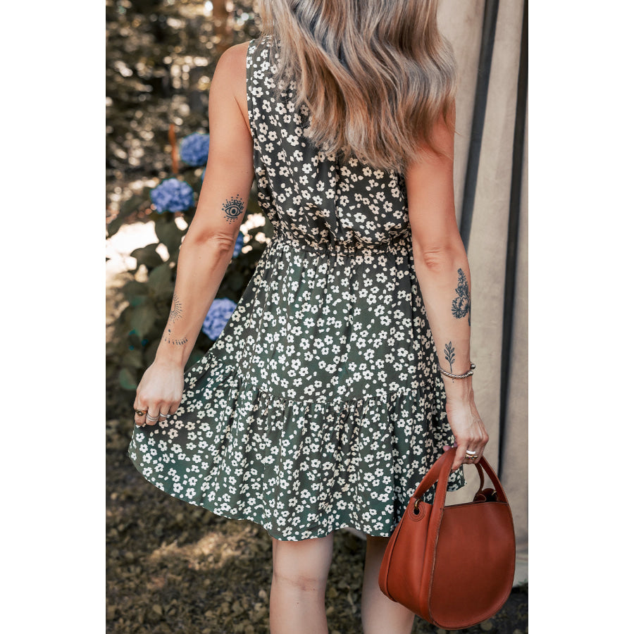 Green Boho Floral Print V Neck Tunic Sleeveless Dress Dresses/Floral Dresses