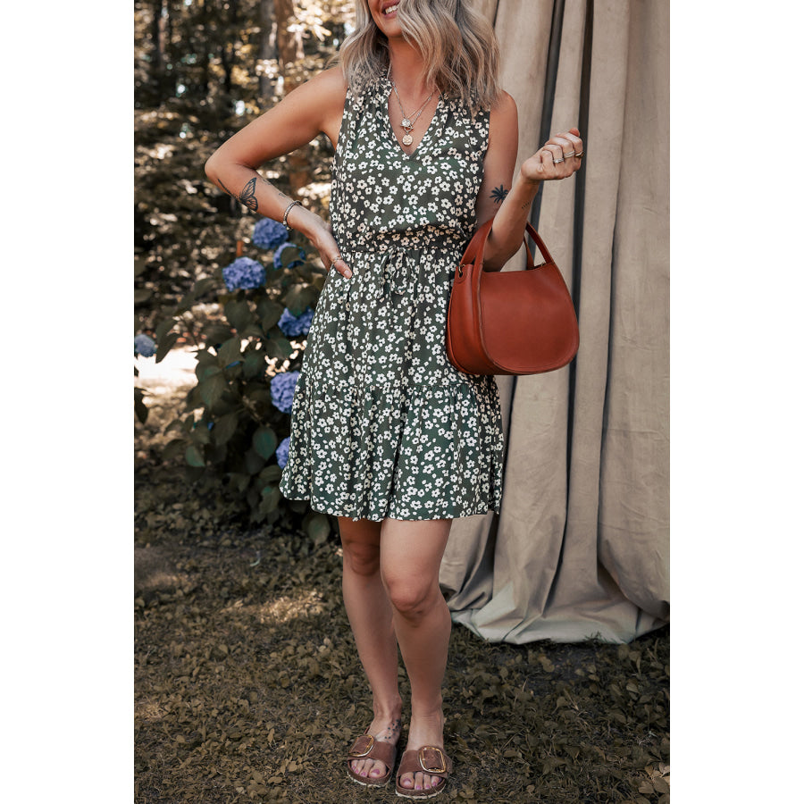 Green Boho Floral Print V Neck Tunic Sleeveless Dress Dresses/Floral Dresses