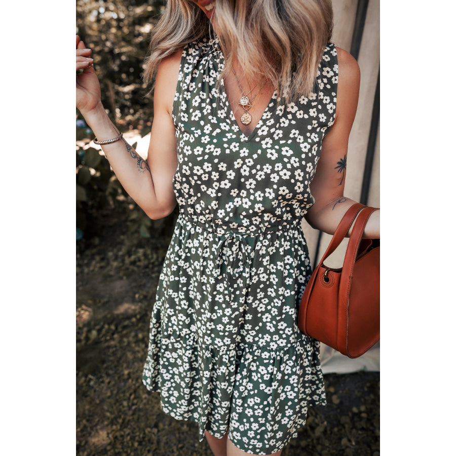 Green Boho Floral Print V Neck Tunic Sleeveless Dress Green / S / 100% Viscose Dresses/Floral Dresses