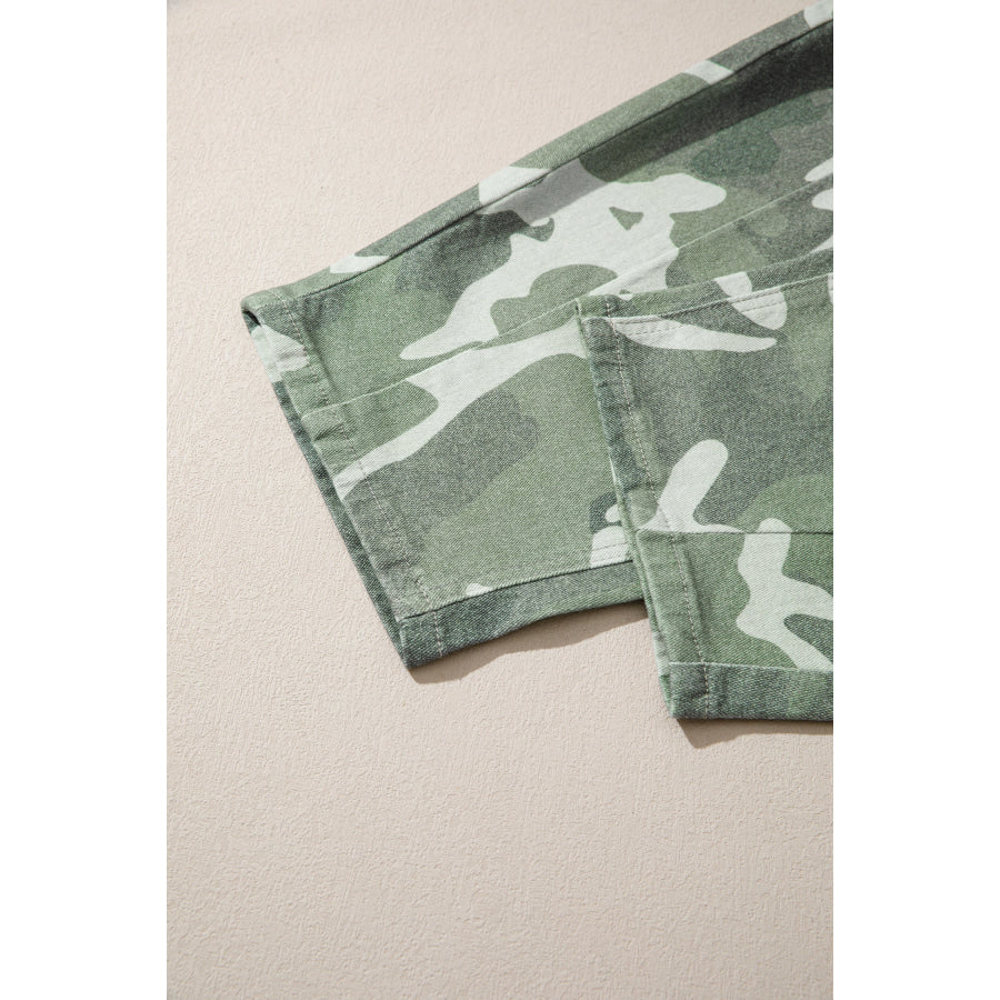 Green Camo Print Button Fly Straight Leg Ankle Length Jeans Bottoms/Jeans