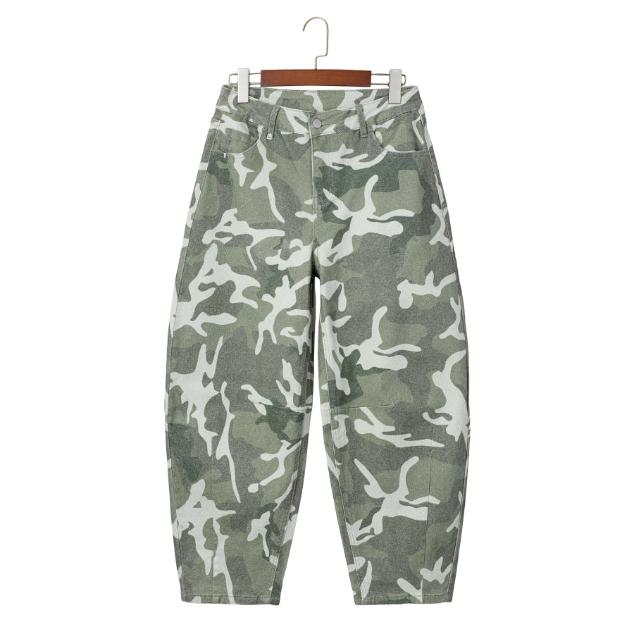 Green Camo Print Button Fly Straight Leg Ankle Length Jeans Bottoms/Jeans
