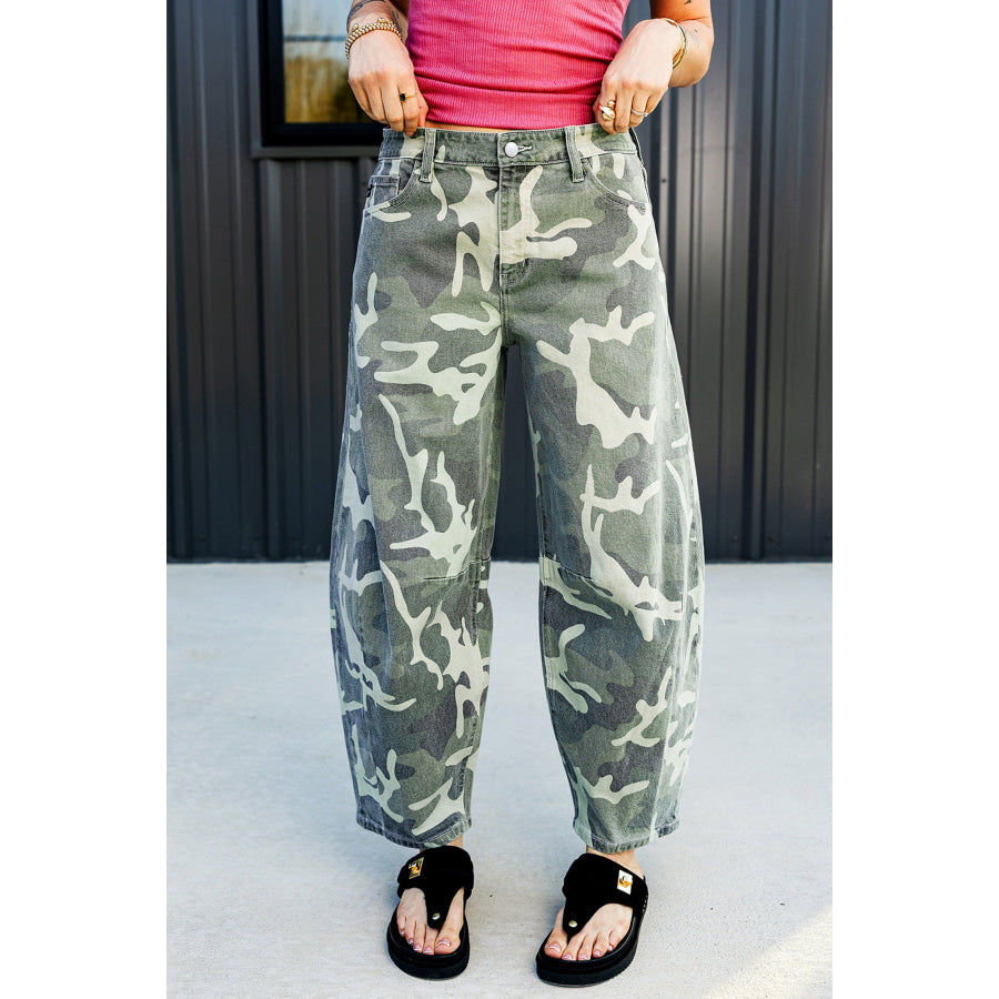 Green Camo Print Button Fly Straight Leg Ankle Length Jeans Bottoms/Jeans