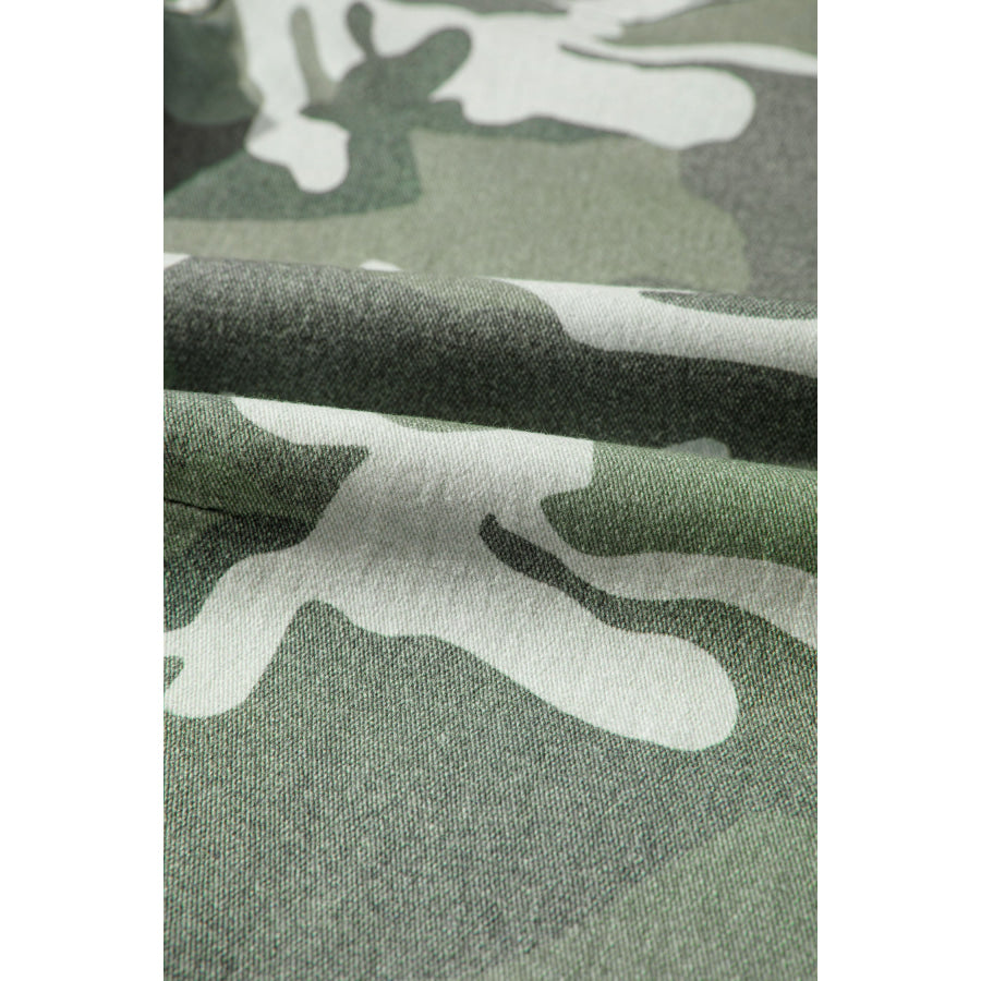 Green Camo Print Button Fly Straight Leg Ankle Length Jeans Bottoms/Jeans