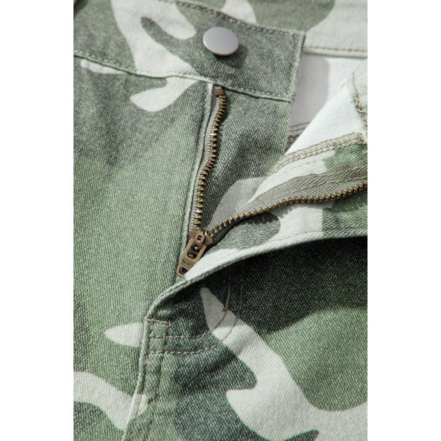 Green Camo Print Button Fly Straight Leg Ankle Length Jeans Bottoms/Jeans