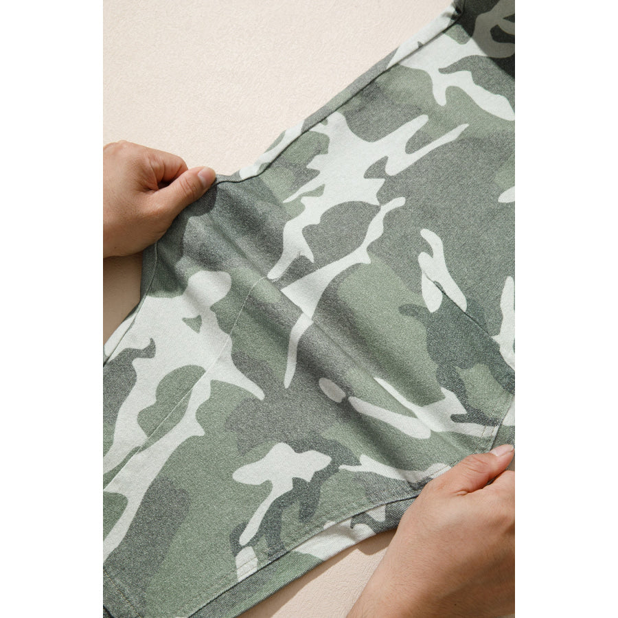 Green Camo Print Button Fly Straight Leg Ankle Length Jeans Bottoms/Jeans