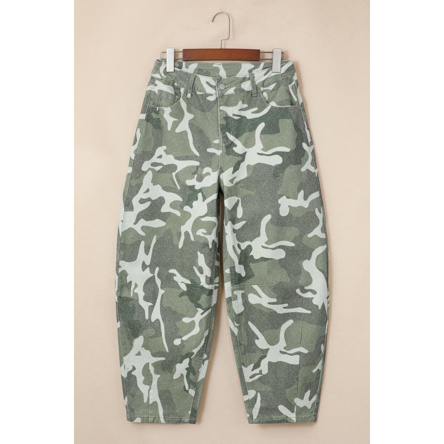 Green Camo Print Button Fly Straight Leg Ankle Length Jeans Bottoms/Jeans