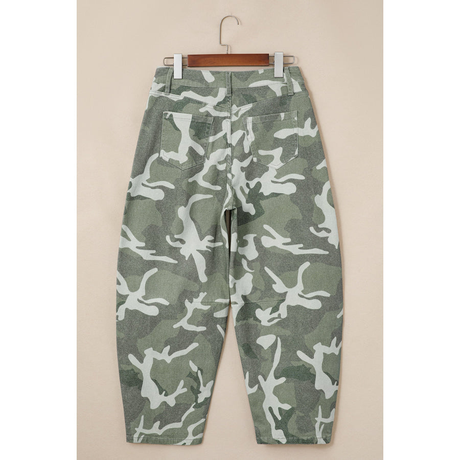 Green Camo Print Button Fly Straight Leg Ankle Length Jeans Bottoms/Jeans