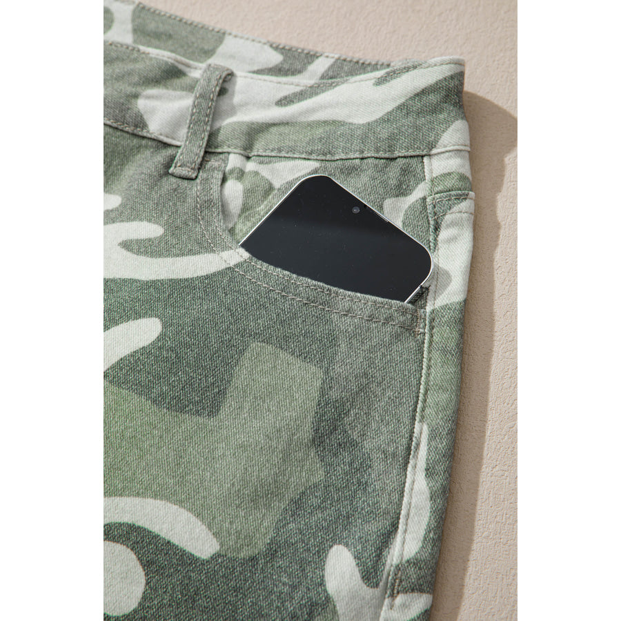 Green Camo Print Button Fly Straight Leg Ankle Length Jeans Bottoms/Jeans