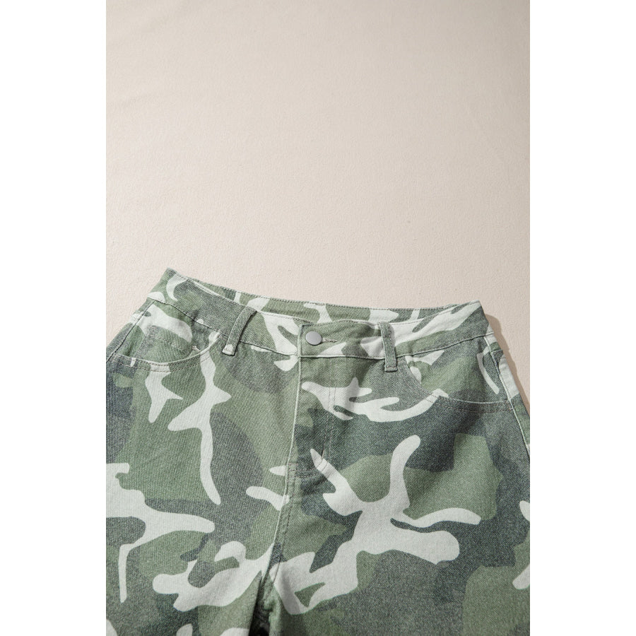 Green Camo Print Button Fly Straight Leg Ankle Length Jeans Bottoms/Jeans