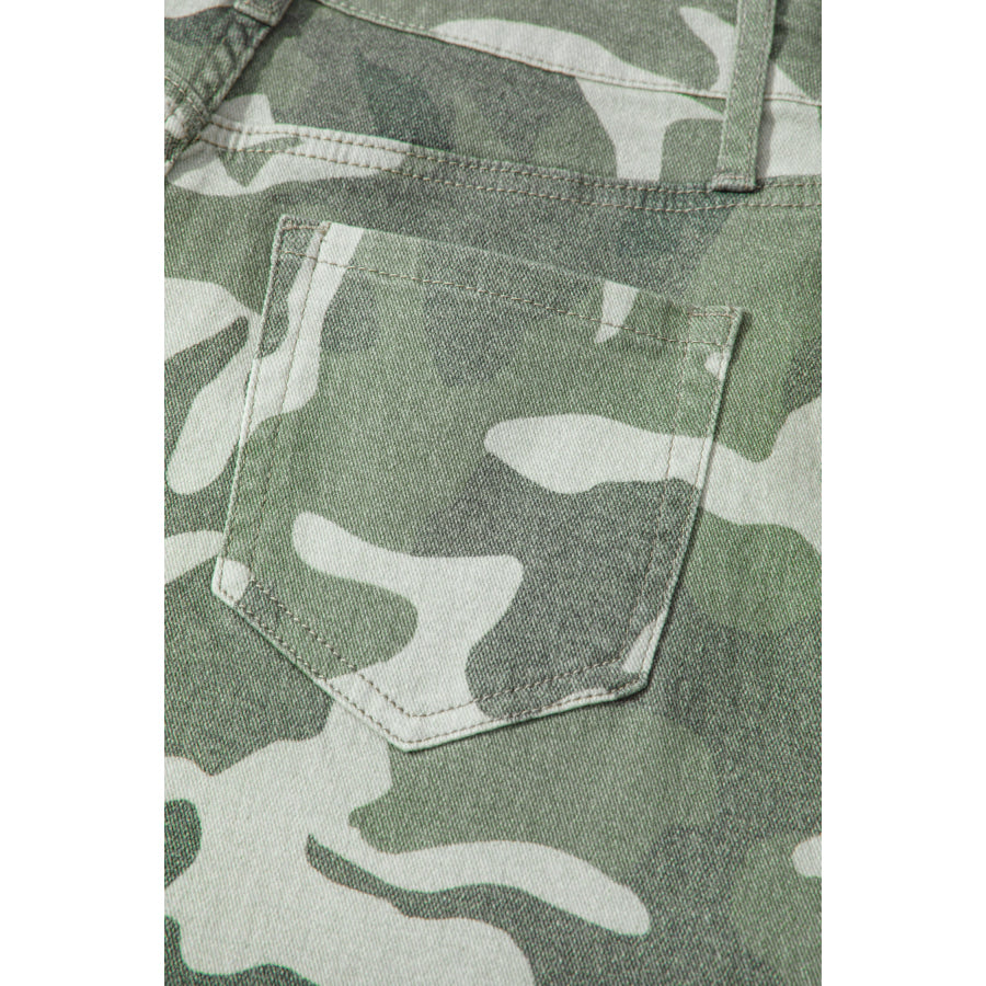 Green Camo Print Button Fly Straight Leg Ankle Length Jeans Bottoms/Jeans