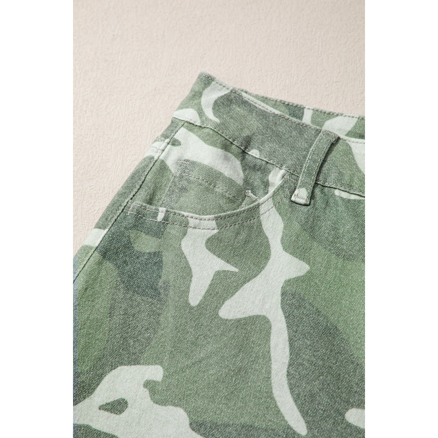 Green Camo Print Button Fly Straight Leg Ankle Length Jeans Bottoms/Jeans
