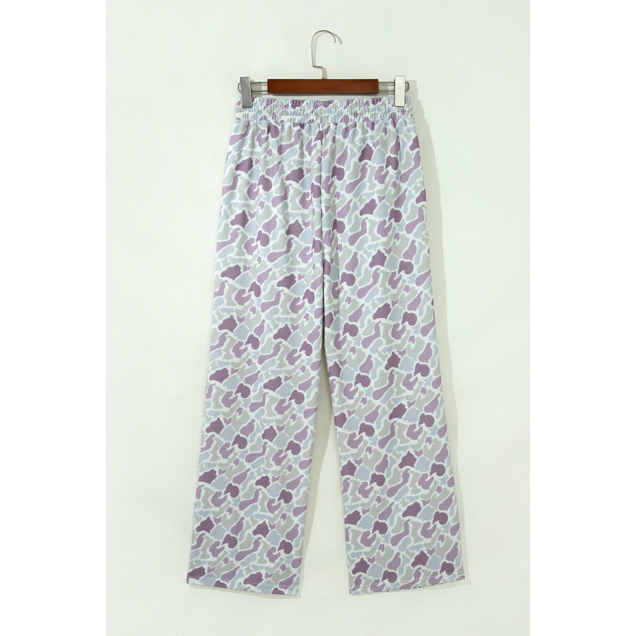 Green Camo Print Drawstring Waist Loose Fit Full Length Pants Bottoms/Pants & Culotte
