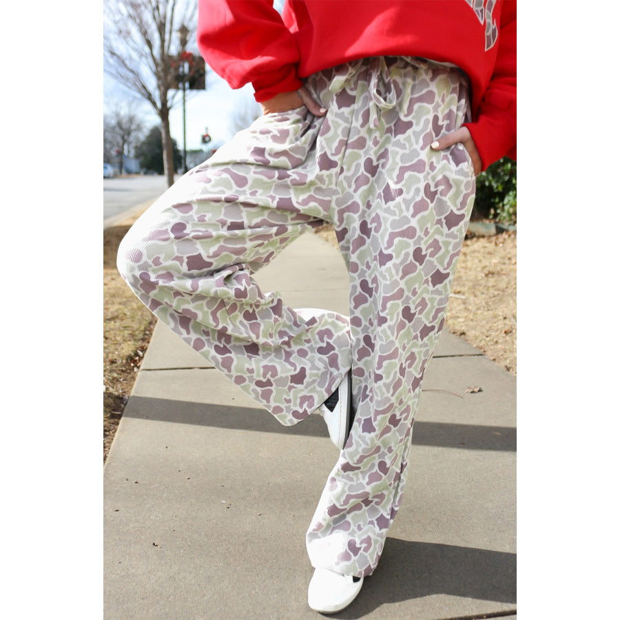 Green Camo Print Drawstring Waist Loose Fit Full Length Pants Bottoms/Pants & Culotte